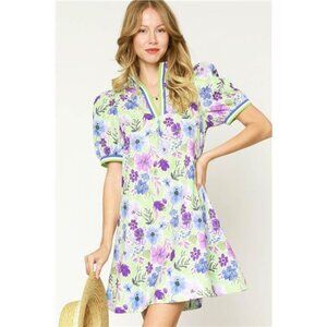Umgee Floral Print Short Puff Sleeve Mini Dress